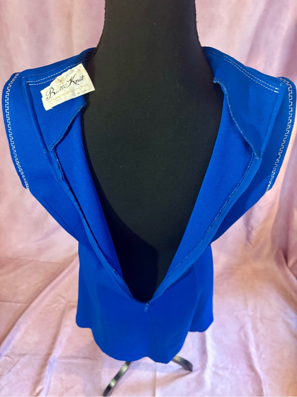 Vintage 60s 70s Butte Knit Royal Blue Mod Fit & Flare Dress Sleeveless Trim M/L - Picture 10 of 16